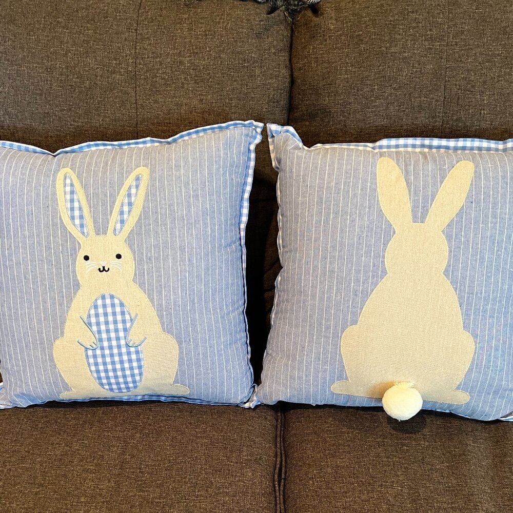 Set of Two 15” Square Bunny Rabbit Pillows Blue Gingham Print With Tails Country